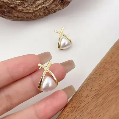 Golden Cross Triangle Pearl Stud Earrings 